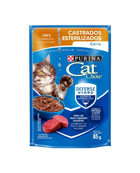 Ração Úmida Sachê Cat Chow Gatos Castrados - Sabor Carne Ao Molho 85G