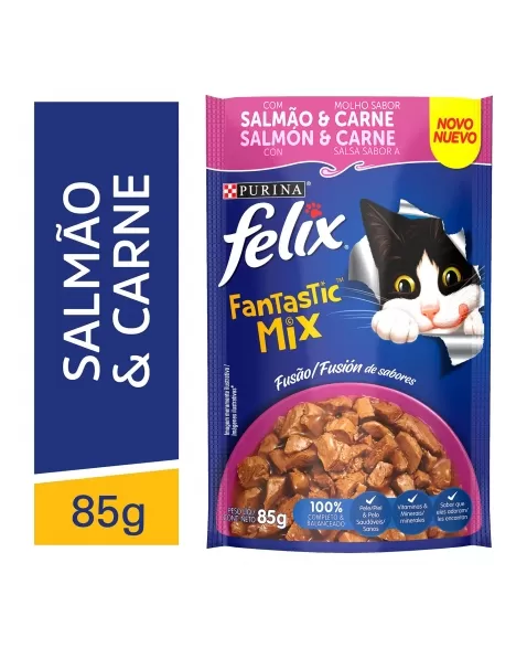 Ração Úmida Felix Sachê Fantastic - Sabor Mix Salmão E Carne 85G